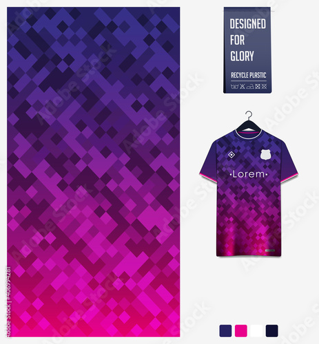 Fabric pattern design. Geometric pattern on blue violet gradient background for soccer jersey, football kit or sports uniform. T-shirt mockup template. Abstract sport background.