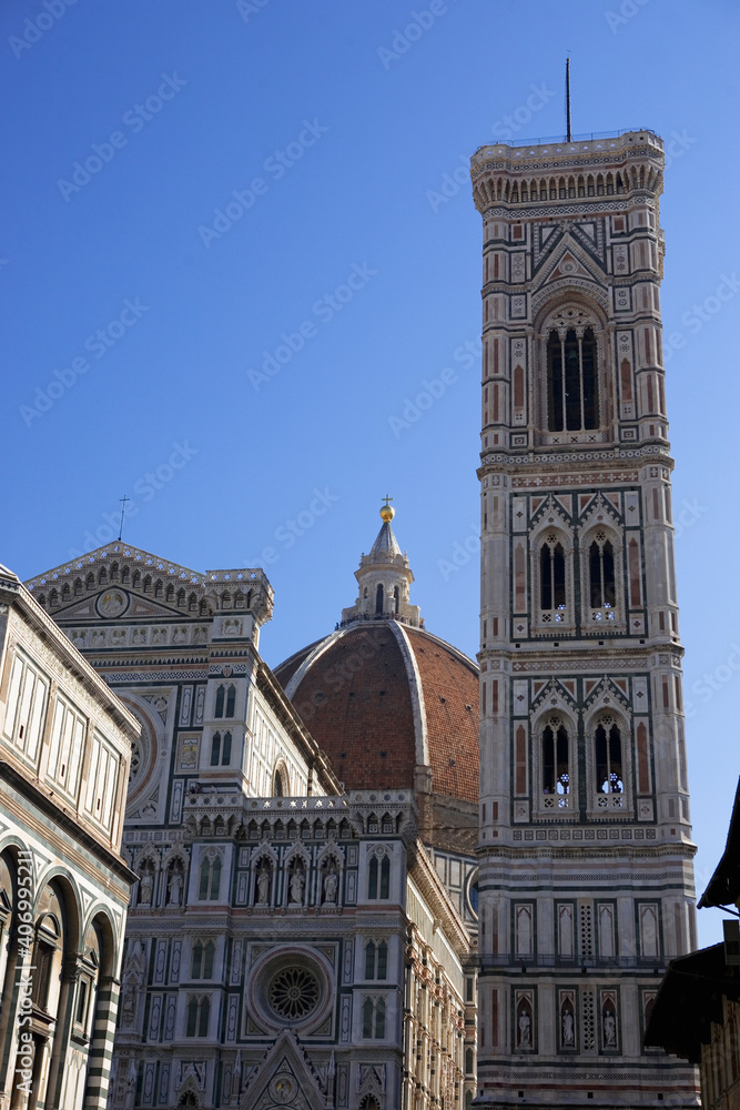 The Duomo (cathedral), Giotto's Campanile and the Baptistery from Piazza di San Giovanni, Florence, Tuscany, Italy