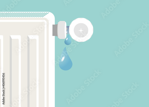 Water is leaking near the radiator valve. Water leak. Heating radiator. Metal radiator for heating systems. Flat design style. There is a leak due to excessive pressure inside the pipes.