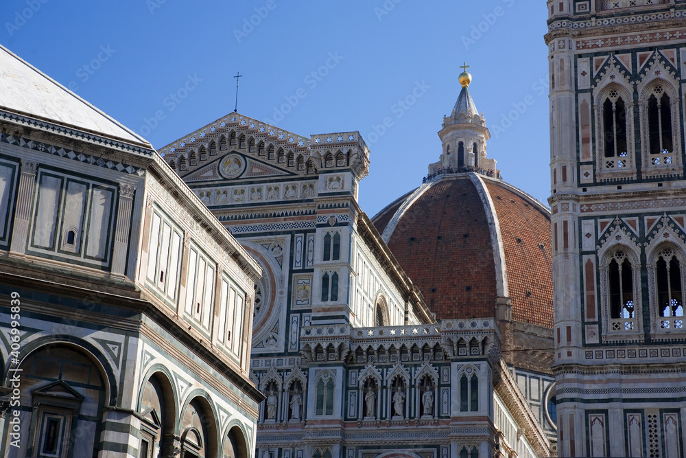 The Duomo, Dome, Campanile and Baptistery from Piazza di San Giovanni, Florence, Tuscany, Italy