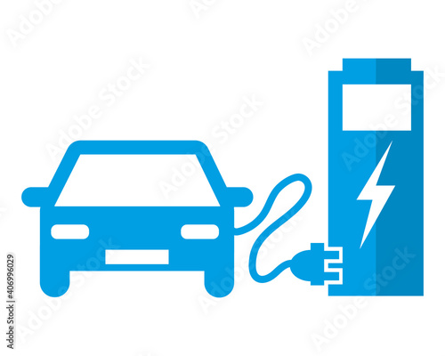 Electric car at the charging station. Blue vector icon illustration pictogram II.
