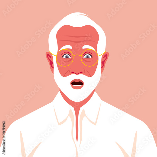 An elderly businessman feels stress. Fear, horror. A frightened man's face with white beard. Vector flat illustration