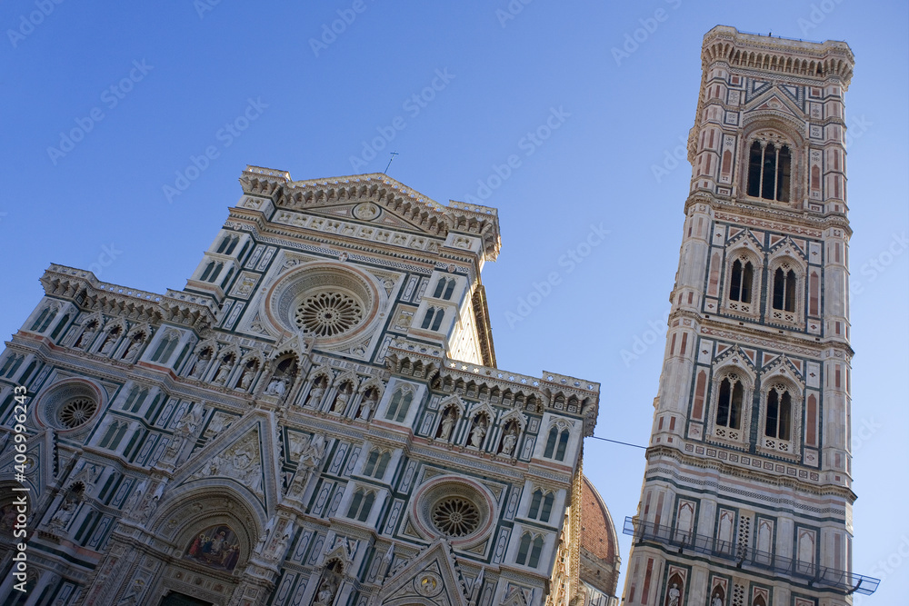 The Duomo (Cathedral) and Giotto's Campanile  from Piazza di San Giovanni, Florence, Tuscany, Italy