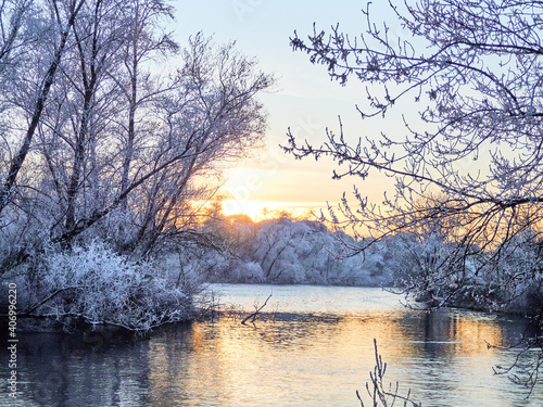Snowy river bank. Winter sunset of the frozen forest and a river, frozen vegetation
