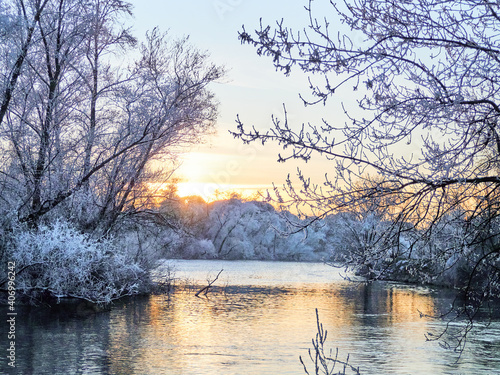 Snowy river bank. Winter sunset of the frozen forest and a river. Frozen vegetation