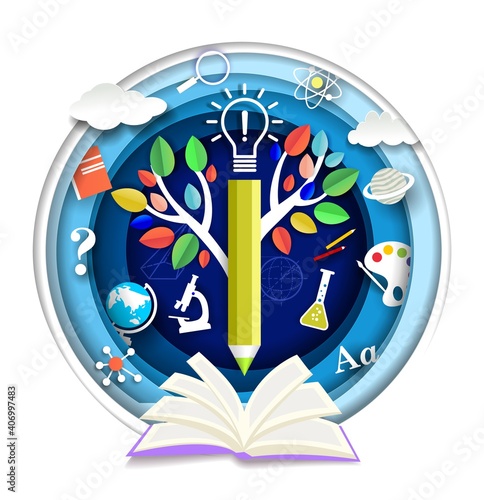 Paper cut open book, tree of knowledge, pencil, science and school subjects symbols. Vector illustration in paper art craft style. Knowledge and education concept.