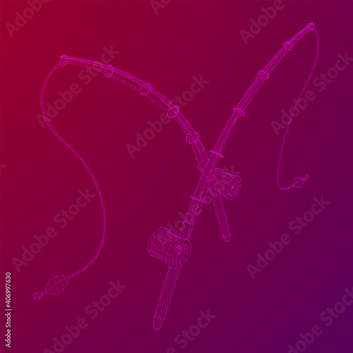 Fishing rod with line sinker and hook. Wireframe low poly mesh vector illustration.