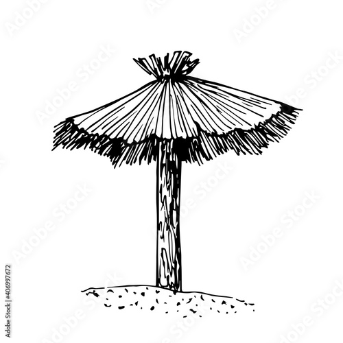 Hand-drawn vector drawing in black outline. Thatched parasol, beach vacation, tourism. Sun umbrella, tropical beach.