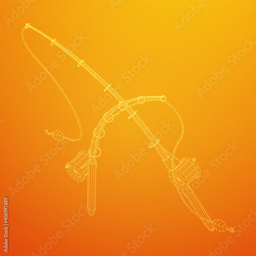 Fishing rod with line sinker and hook. Wireframe low poly mesh vector illustration.