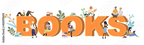 People readers students walking, sitting, lying and reading books, studying, preparing for exam, flat vector illustration. Books typography banner template. Bookstore, library, festival, hobby.
