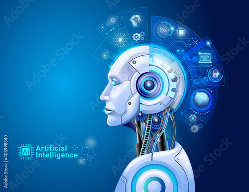 Artificial intelligence digital technology concept. Robot with hologram brain and big data analytics.