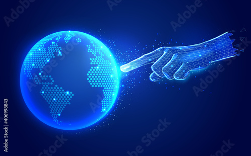 Artificial intelligence digital communication technology concept. Finger hand touch digital global map polygonal wireframe vector illustrations.