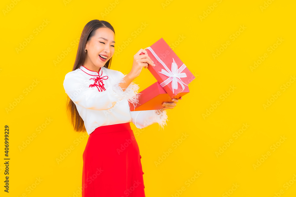 Portrait beautiful young asian woman with red gift box Portrait beautiful young asian woman with red gift box