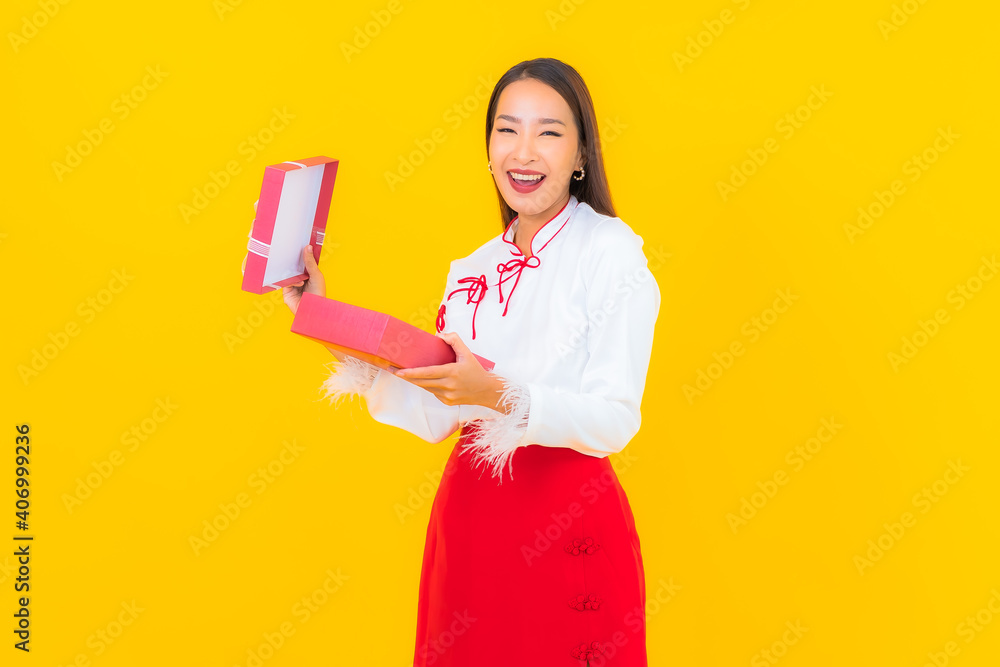 Portrait beautiful young asian woman with red gift box Portrait beautiful young asian woman with red gift box
