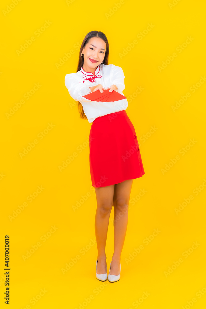 Portrait beautiful young asian woman with red envelopes letter Portrait beautiful young asian woman with red envelopes letter