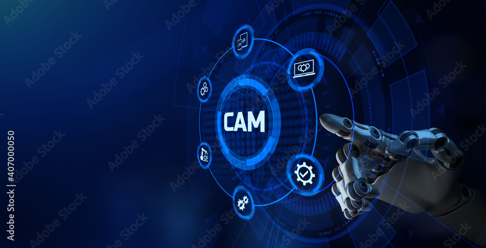 CAM computer aided manufacturing engineering system smart technology concept. Robotic arm 3d rendering. CAM computer aided manufacturing engineering system smart technology concept. Robotic arm 3d rendering.