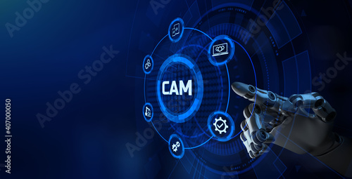 CAM computer aided manufacturing engineering system smart technology concept. Robotic arm 3d rendering.