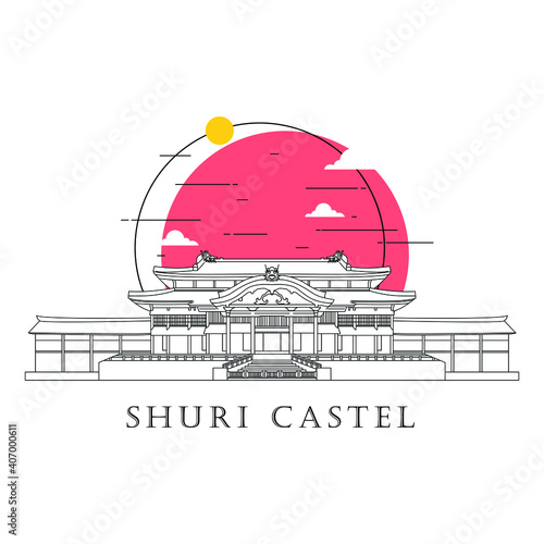 Flat icon vector illustration of a historic building castle in the Japan, Simple outline icon design cartoon landmark for praying vacation travel tourist attractions. Line art of Shuri Castle