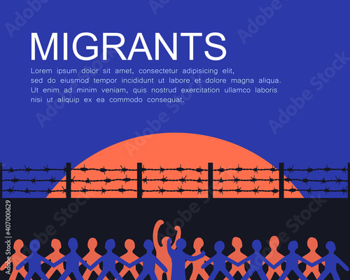 the caravan of blocked migrants. the hope of refugees crossing the border. illegal immigration. emigration and freedom concept.