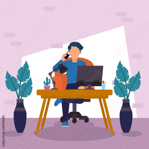 Office man at desk with computer vector design