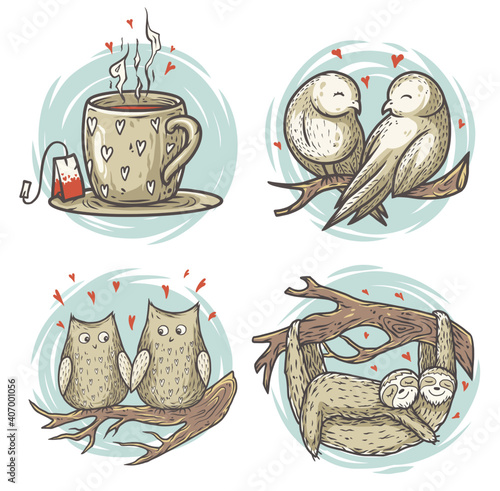 Set of lovers on branch for the Valentines Day love cards. Romantic color illustration of two slots, owls, birds in love