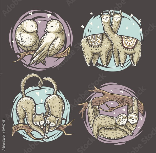 Set of lovers on branch for the Valentines Day love cards. Romantic color illustration of two slots, owls, birds and lama in love