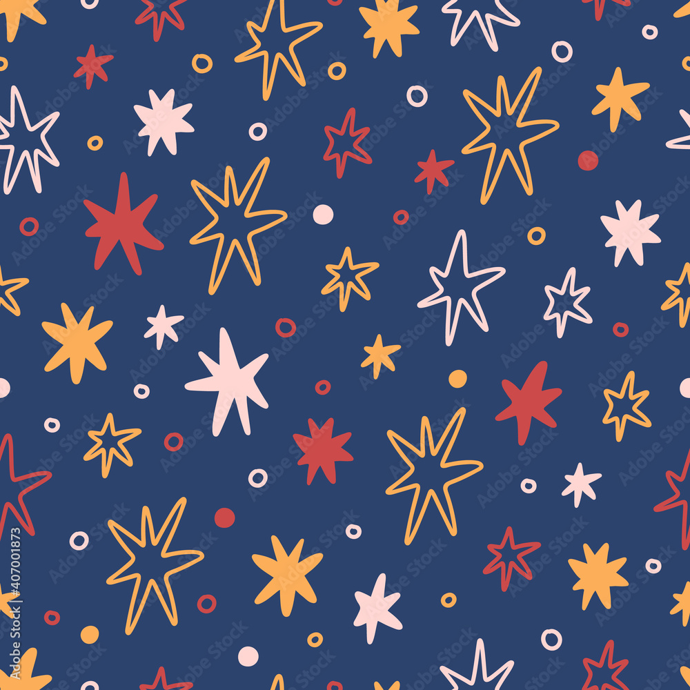 Seamess pattern in Scandinavian style with stars on a dark blue background. Creative print for apparel, nursery decoration, packaging, wrapping paper etc.