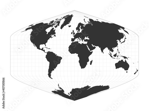 Map of the world using the Baker Dinomic projection. Globe with latitude and longitude net. World map on meridians and parallels background. Vector illustration.