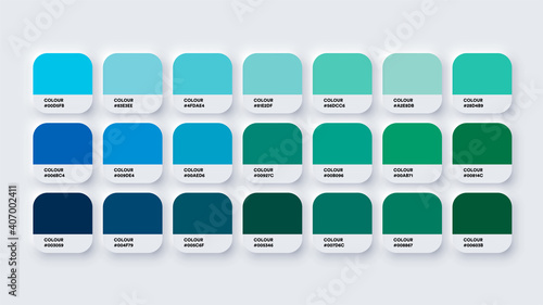 Pantone Color Guide Palette Catalog Samples Blue and Green in RGB HEX. Neomorphism Vector photo