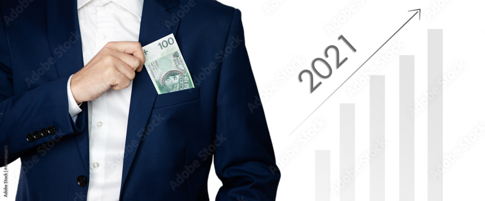 Polish bankotes, professional person with growing graph 2021 Polish bankotes, professional person with growing graph 2021
