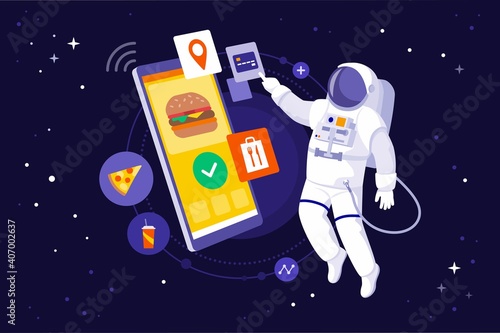 Astronaut ordering fast food in outer space
