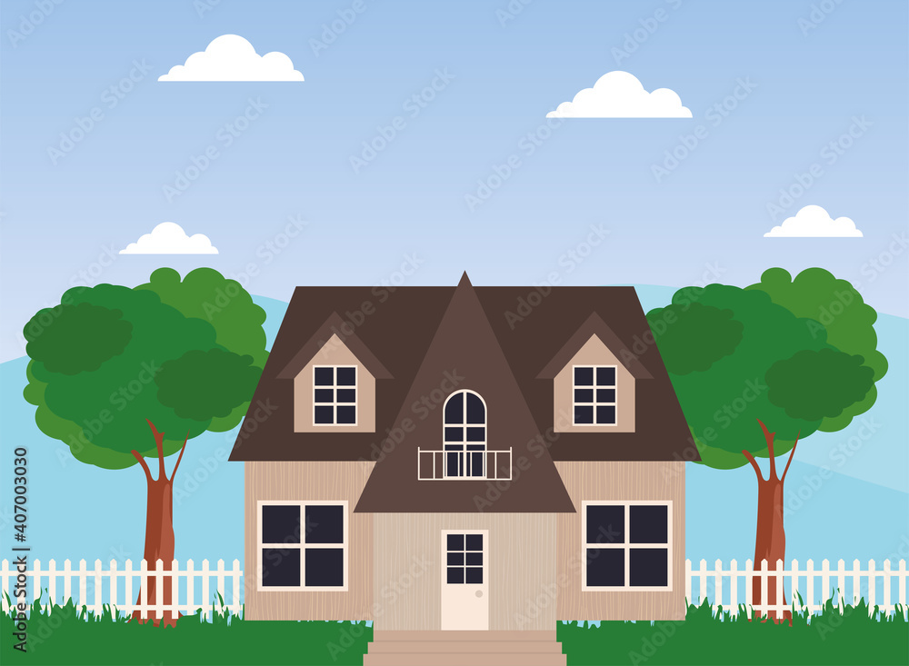 pink house with fence and trees vector design