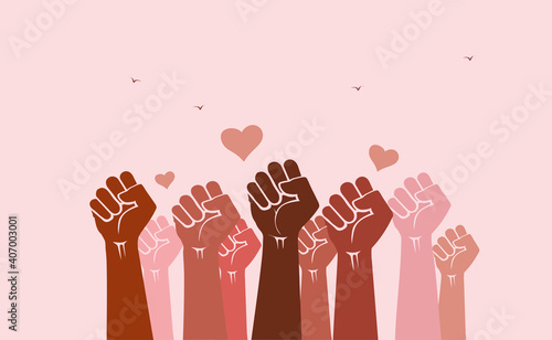 Multiracial crowd of human hands and fists raised in the air with love symbols - women's day celebration, solidarity, diversity and inclusion concept
