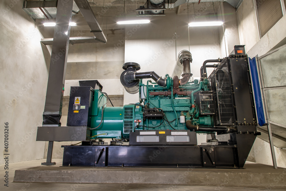 Generator Room Emergency power supply. Powered by Diesel power. Selective focus.