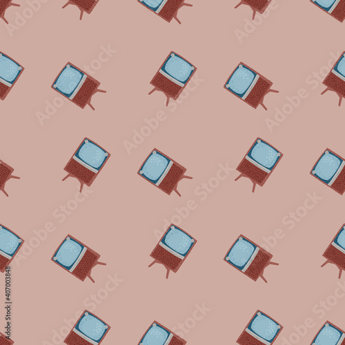 Blue colored tv icon seamless pattern in home decor style. Pink pale background. Media print.