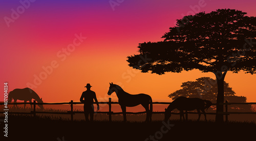 cowboy and horse herd behind wooden fence - grazing animals and rancher at sunset field with trees vector silhouette landscape