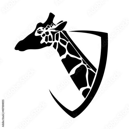 african giraffe head in simple heraldic shield - black and white vector design for african wildlife concept coat of arms