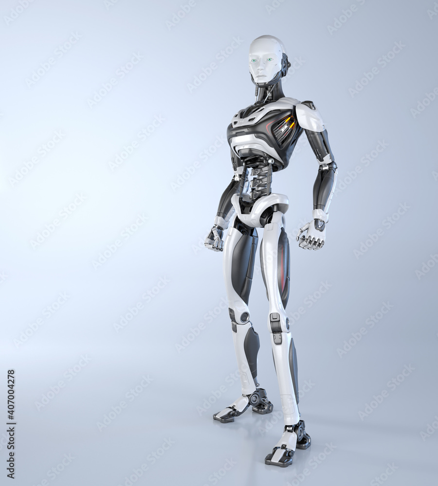 Robot android posing on a light gray background.