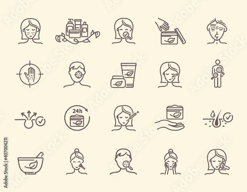 Set of dermatology related outline icons. Includes such Icons as cream, face care, lifting, skin, cosmetology and others. Black and white isolated vector illustrations