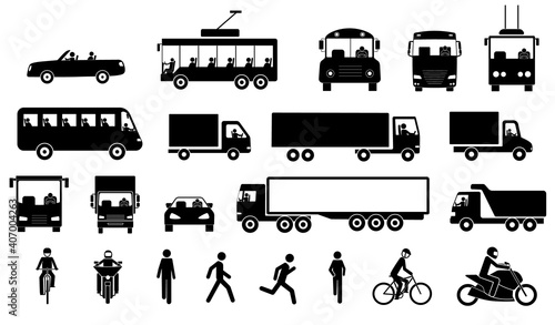 Road transport and transportation icons. Vector cliparts of walking man, bicycle, motorbike, motorist driving car, lorry, van on more. Set of vector illustrations isolated on white background