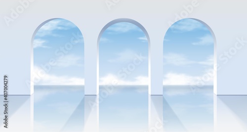 3d realistic vector white arches with a view on the blue sky. 
