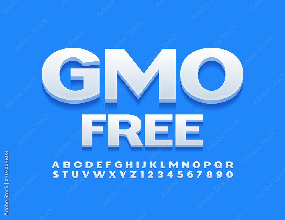 Vector quality sign GMO Free. White Bold Font. Modern Alphabet Letters and Numbers set