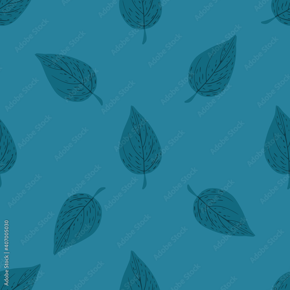 Simple minimalistic seamless pattern with doodle leaf ornament. Blue palette botanic artwork.