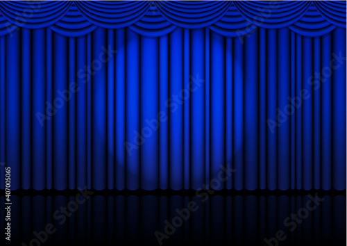 Realistic Opera stage indoor with a blue curtain and Spotlight for comedy show or opera act movie. Vector illustration.