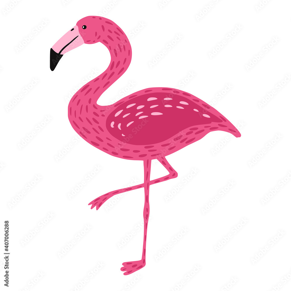 Naklejka premium Flamingo standing on one leg isolated on white background. Cute bird pink color with long neck and legs. Exotic animal from Africa. In doodle style