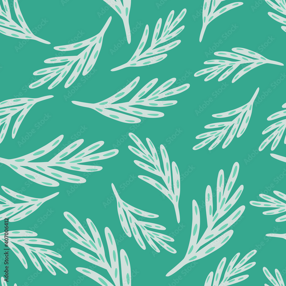 Fototapeta premium Random seamless pattern with white simple leaf twigs ornament. Turquoise bright background.