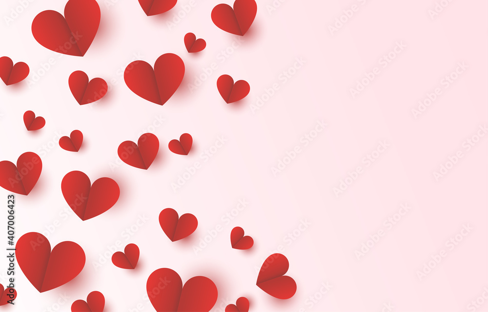 Red heart paper on the left side with pink background for Mothers Day and Valentine's Day love banner design vector illustration with blank space.