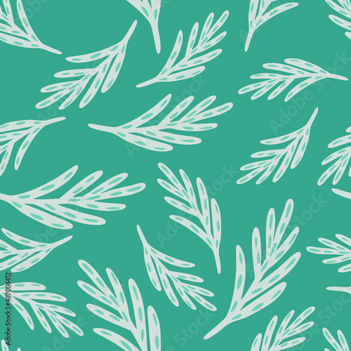 Random seamless pattern with white simple leaf twigs ornament. Turquoise bright background.