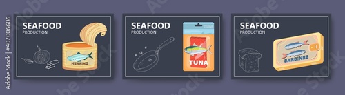 Seafood production website banner template set, vector illustration. Tuna fish steak, canned herring, sardines.