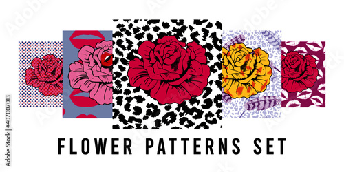 set of vector illustrations with floral patterns and animal print backgrounds